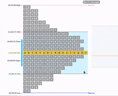 TPO right-click menu — toggle split display, VA shading, and volume profile per session