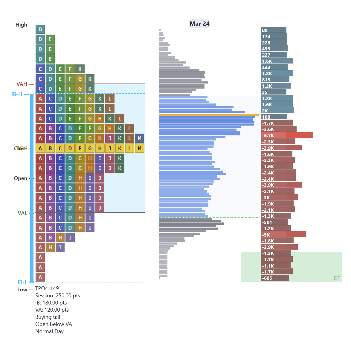 Market Profile TPO chart with POC, Value Area, IB levels, and volume profile